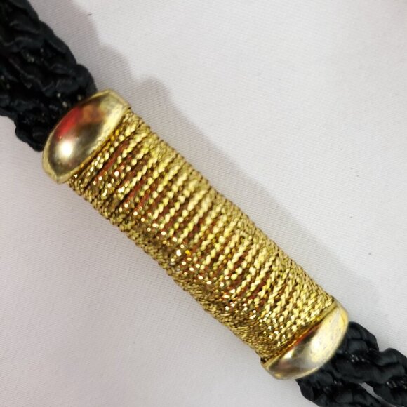 Vintage 80s Floral Cloisonne Belt Buckle Black Goldtone Rope Slide Pendant - Picture 3 of 6